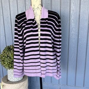 San Remo by Laura Knits striped Lavender and black open-front cardigan sweater L